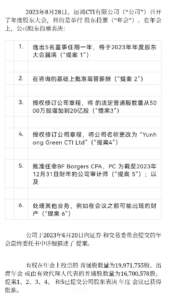 最新进展 |  运鸿CTI股东大会通过了增发20亿股票的提案